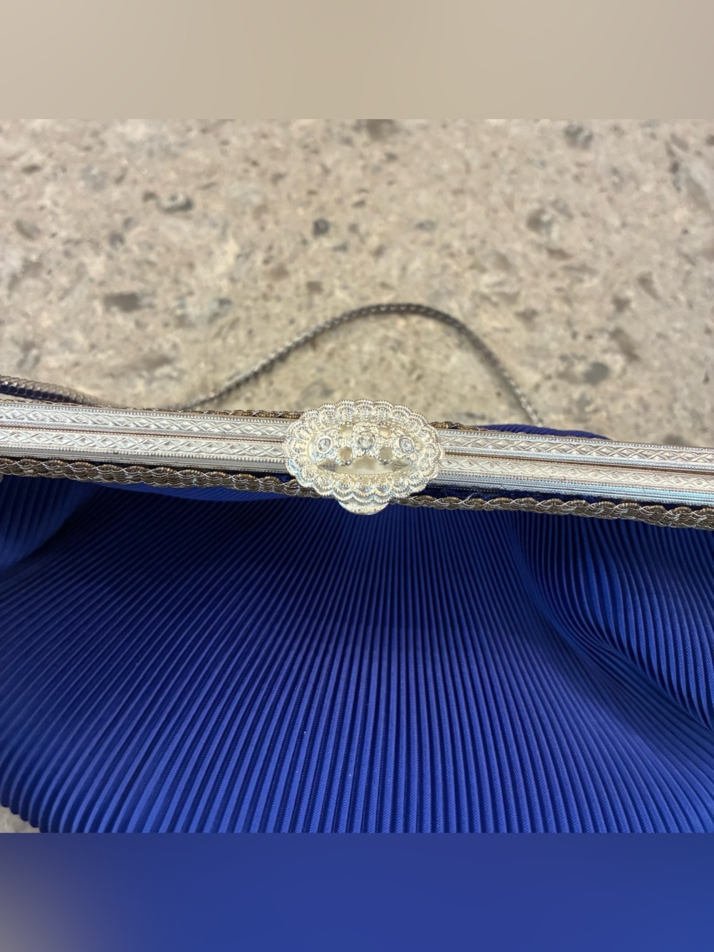 Vintage Cobalt Blue Pleated Evening Clutch with Chain Handle - Picture 2 of 3